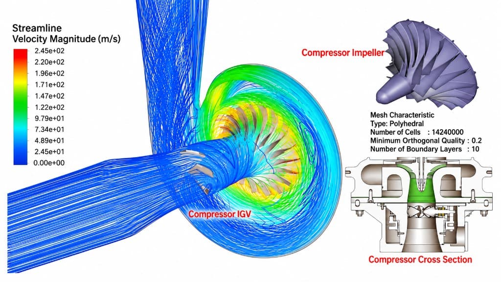 Compressor CFD streamlines with impeller geometry and cross-section